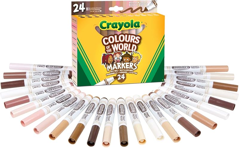 CRAYOLA 58-7804 One Size Washable Maxi Tip Markers, Pack of 24, Assorted Represent The Skin Colour People Around World, No Color, Brown