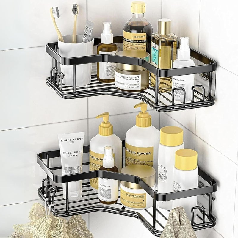 Boniry Metal Corner Shelf for Bathroom|Without Drill Self Adhesive Bathroom Shelf|Compact Design Bathroom Corner Shelf with Easy Installation| for Bathroom Accessories (X-Large 2 Pcs Corner),Black - Image 1