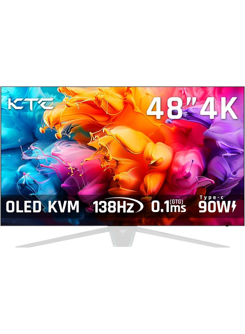 شاشة ألعاب KTC OLED مقاس 48 بوصة بدقة UHD (3840×2160) 4K، زمن استجابة 0.1 مللي ثانية (GTG)، معدل تحديث 138 هرتز، تغطية sRGB بنسبة 134%، تصميم بدون حواف من 4 جوانب، منفذ Type-C بقوة 90 واط، مزودة بسماعات، جهاز تحكم عن بُعد، تدعم FreeSync وG-Sync، منافذ DP / HDMI / USB، دعم تركيب VESA، شاشة كمبيوتر (بدون حامل)