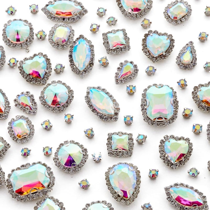 TANOSII Sew on Rhinestones 100 PCS Mixed Shapes Glass Rhinestones Sew on Crystal Gems Mental Flatback with Silver Claw for Jewelry Crafts Clothes Shoes Costume Garment AB White Type 1 - Image 3