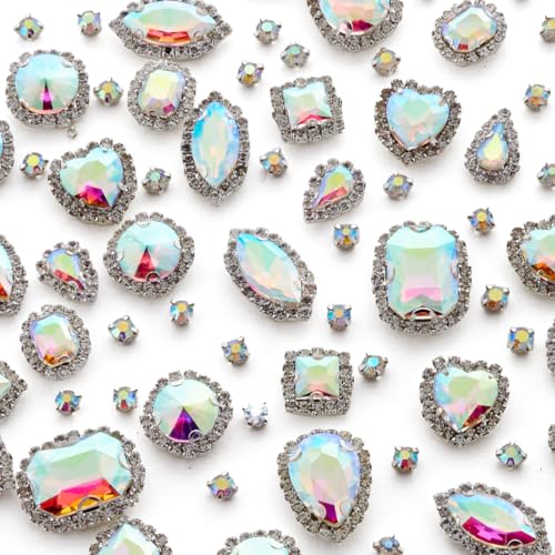 TANOSII Sew on Rhinestones 100 PCS Mixed Shapes Glass Rhinestones Sew on Crystal Gems Mental Flatback with Silver Claw for Jewelry Crafts Clothes Shoes Costume Garment AB White Type 1 - Image 1