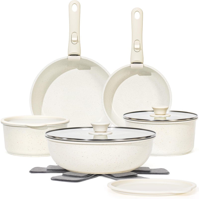 SODAY 15Pcs Pots and Pans Set Non Stick, Cookware Sets with Detachable Handle, Nonstick RV Kitchen Cooking Tools Removable Handles, Oven Safe, Induction Fast, Stackable Induction Cookware, White - Image 1
