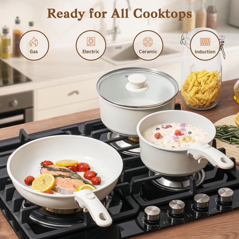 SODAY 15Pcs Pots and Pans Set Non Stick, Cookware Sets with Detachable Handle, Nonstick RV Kitchen Cooking Tools Removable Handles, Oven Safe, Induction Fast, Stackable Induction Cookware, White - Image 4