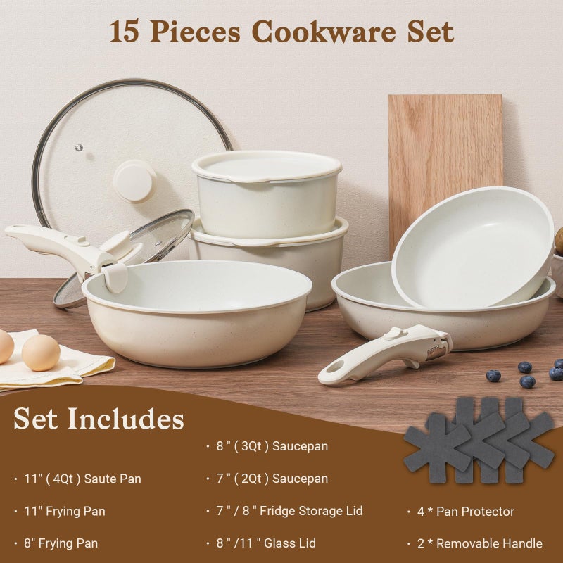 SODAY 15Pcs Pots and Pans Set Non Stick, Cookware Sets with Detachable Handle, Nonstick RV Kitchen Cooking Tools Removable Handles, Oven Safe, Induction Fast, Stackable Induction Cookware, White - Image 2