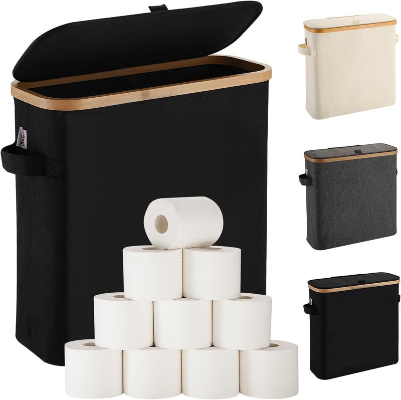 FuBegi Toilet Paper Storage Basket with Lid for Mega Rolls, Large Bamboo Toilet Paper Organizer Storage Holder Stand for Bathroom, Enclosed Toilet Paper Tissue Storage Bin Box Container Free Standing, Black - Image 1