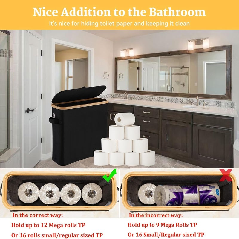 FuBegi Toilet Paper Storage Basket with Lid for Mega Rolls, Large Bamboo Toilet Paper Organizer Storage Holder Stand for Bathroom, Enclosed Toilet Paper Tissue Storage Bin Box Container Free Standing, Black - Image 3