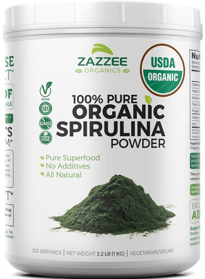 Zazzee USDA Certified Organic Spirulina Powder, 2.2 Pounds (1 KG), 303 Servings, 100% Pure, Non-Irradiated, Mess-Free Wide Mouth Container, Fresh Smell and Neutral Taste, Vegan, Non-GMO, Gluten-Free - Image 1