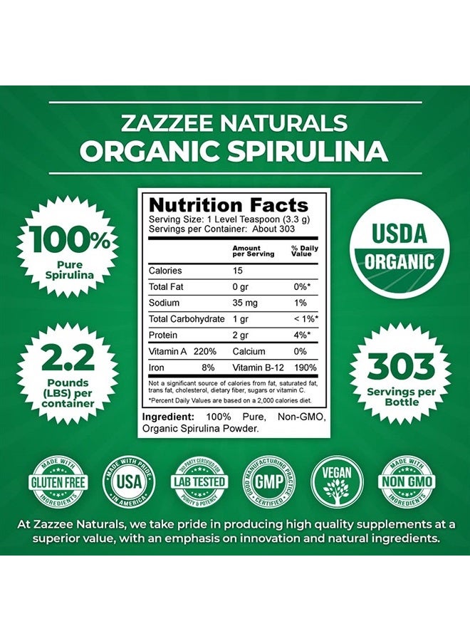 Zazzee USDA Certified Organic Spirulina Powder, 2.2 Pounds (1 KG), 303 Servings, 100% Pure, Non-Irradiated, Mess-Free Wide Mouth Container, Fresh Smell and Neutral Taste, Vegan, Non-GMO, Gluten-Free - Image 2