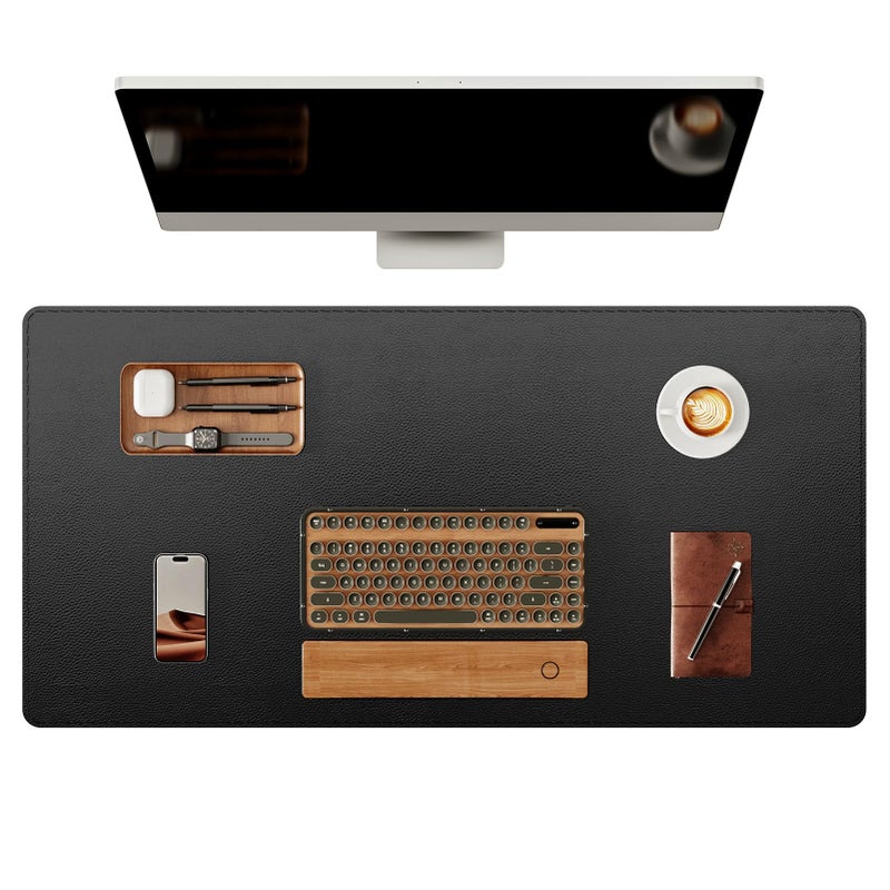 YSAGi Genuine Leather Desk Mat, 35.4"X17" Leather Desk Mat, Office Desk Pad, Thick Desk Pad with Stitched Line, Non-Slip Laptop Writing Pad with Rubber Base(Black, 35.4"X17") - Image 1