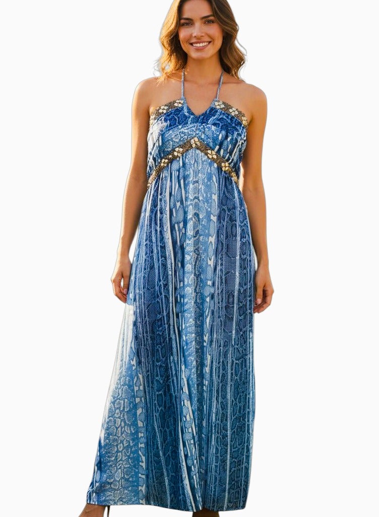 Women chiffon snake print blue maxi long dress - Image 1