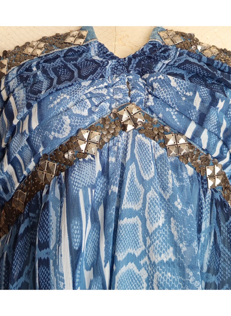 Women chiffon snake print blue maxi long dress - Image 2