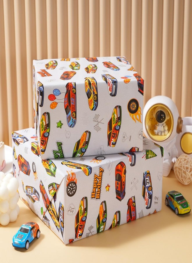 ZINTBIAL Race Car Reversible Wrapping Paper Roll - Gift Wrap with Black & White Checkered Flag on Reverse- Perfect for Holidays, Birthdays, Babay Shower and Christmas - 17.5 in x 33 ft (48 sq. ft) - Image 4