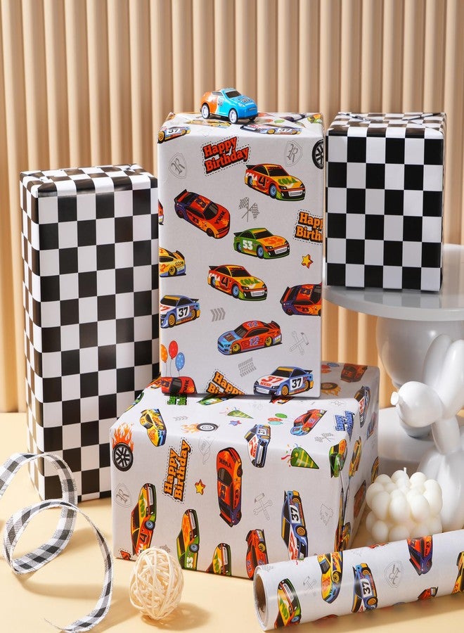 ZINTBIAL Race Car Reversible Wrapping Paper Roll - Gift Wrap with Black & White Checkered Flag on Reverse- Perfect for Holidays, Birthdays, Babay Shower and Christmas - 17.5 in x 33 ft (48 sq. ft) - Image 5