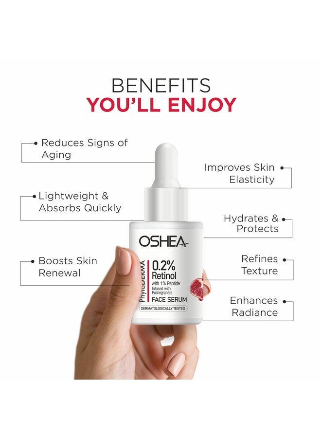Oshea PhytoDERMA Face Serum for Men & Women 30 ml | 0.2% Retinol & 1% Peptide | Reduce Fine Lines, Wrinkles & Anti Aging | Infused with Pomegranate Extract - Image 3