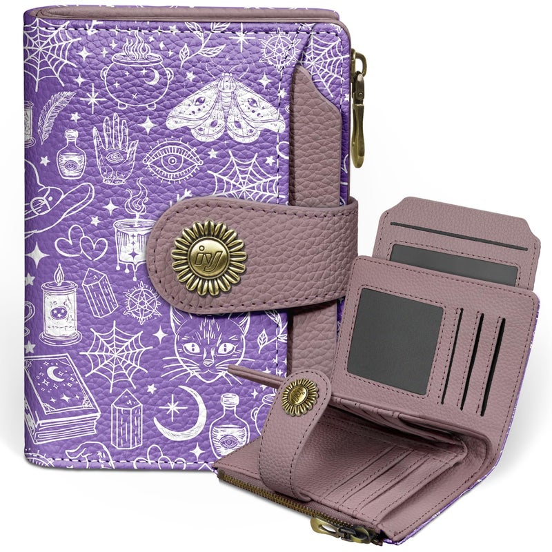 Icycay Goth Gothic Small Wallet Women RFID Blocking Bifold, Credit Card Holder, Zipper Coin Pocket, Witchy Magic, PU Leather, Compact, Travel, 4 ID Window, 14 Card Slots, Cash Purse, Ladies Woman - Image 1
