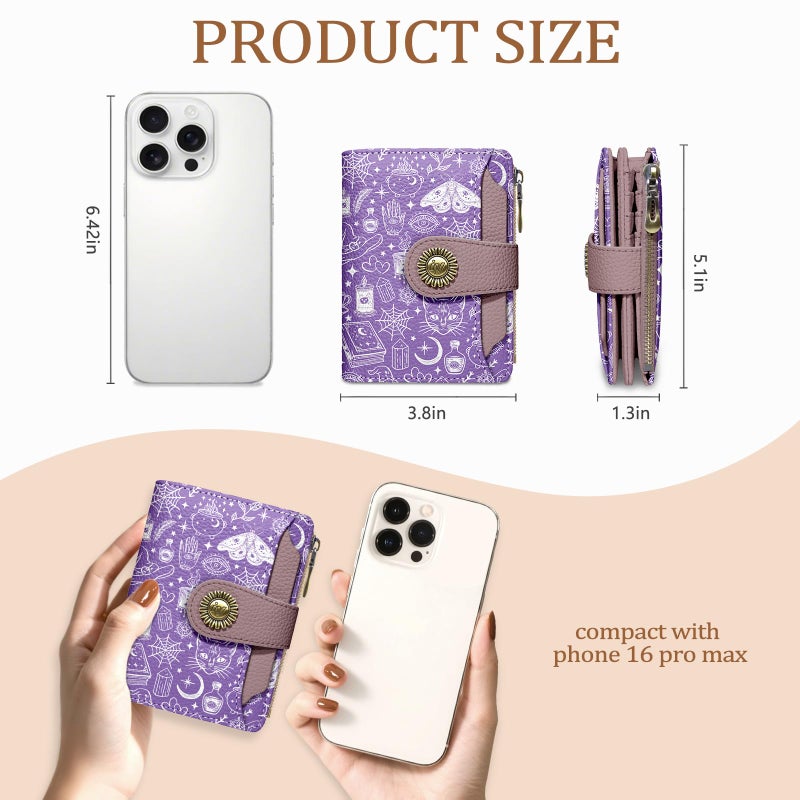 Icycay Goth Gothic Small Wallet Women RFID Blocking Bifold, Credit Card Holder, Zipper Coin Pocket, Witchy Magic, PU Leather, Compact, Travel, 4 ID Window, 14 Card Slots, Cash Purse, Ladies Woman - Image 4