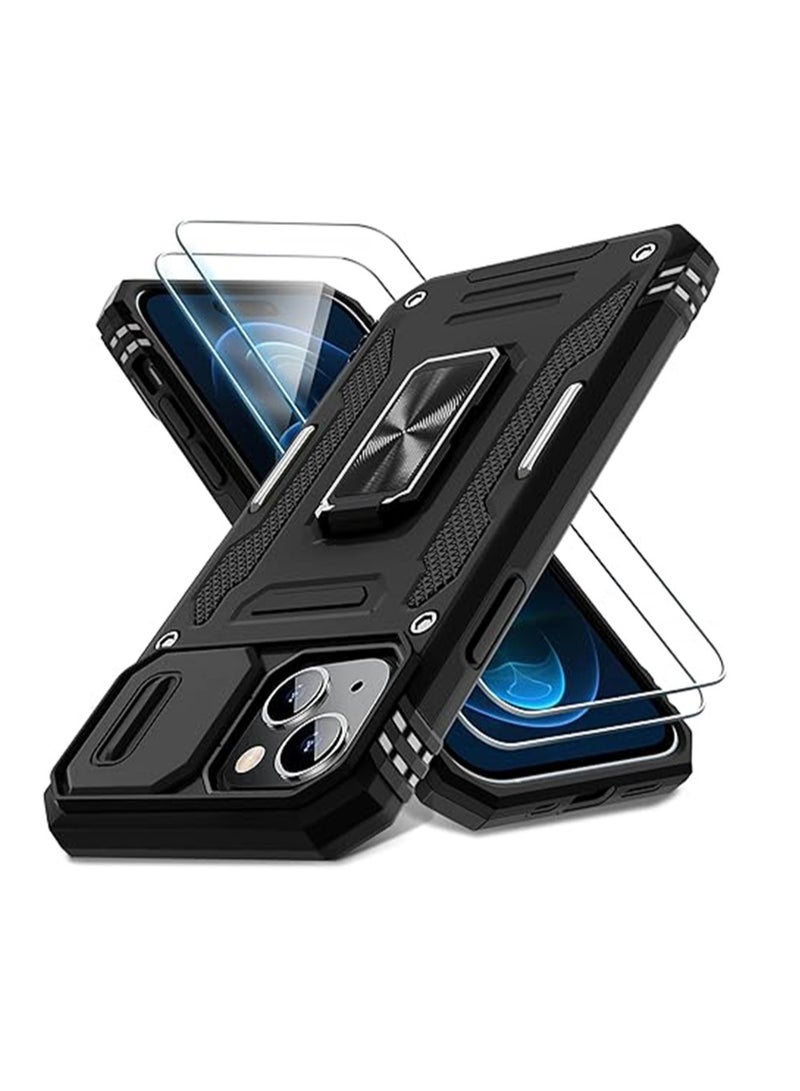 WRISTWISE Case Cover for iPhone 15 with Slide Camera Cover + Screen Protector (2 Packs) Rotated Ring Kickstand Military Grade Shockproof Protective Cover Black - Image 1