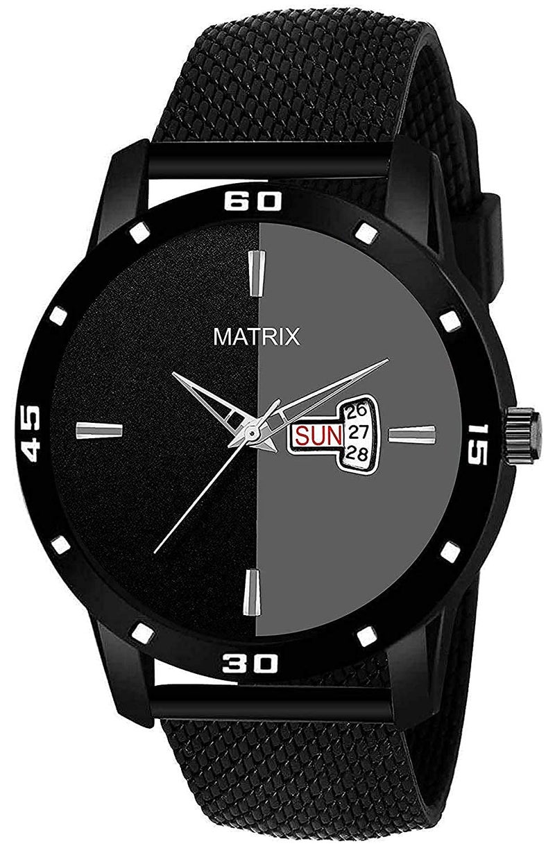Matrix Men Silicone Day & Date Analogue Wrist Watch with Black Band and Dial - Image 1