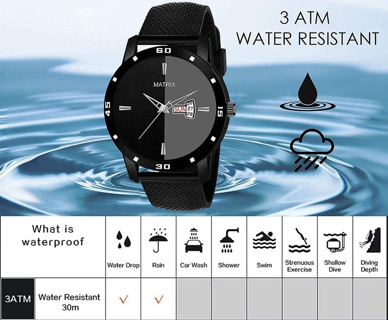 Matrix Men Silicone Day & Date Analogue Wrist Watch with Black Band and Dial - Image 5