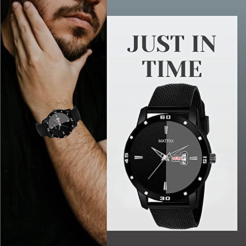 Matrix Men Silicone Day & Date Analogue Wrist Watch with Black Band and Dial - Image 4