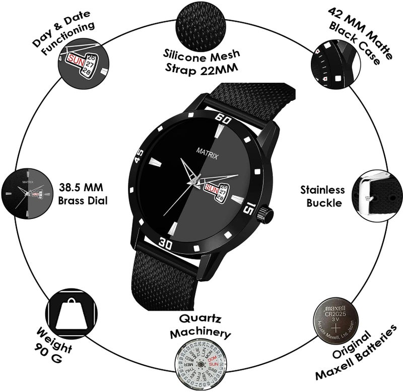 Matrix Men Silicone Day & Date Analogue Wrist Watch with Black Band and Dial - Image 3