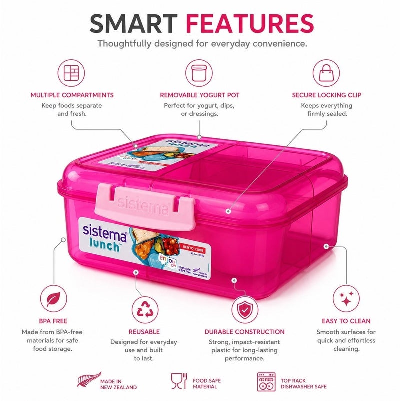 Sistema Bento Cube Lunch Box 1.25L Pink with Multi Compartments, Easy Lock Clip Lid, BPA Free Reusable Food Storage Container for Sandwiches, Snacks & Meal Prep, Made in New Zealand - Image 3