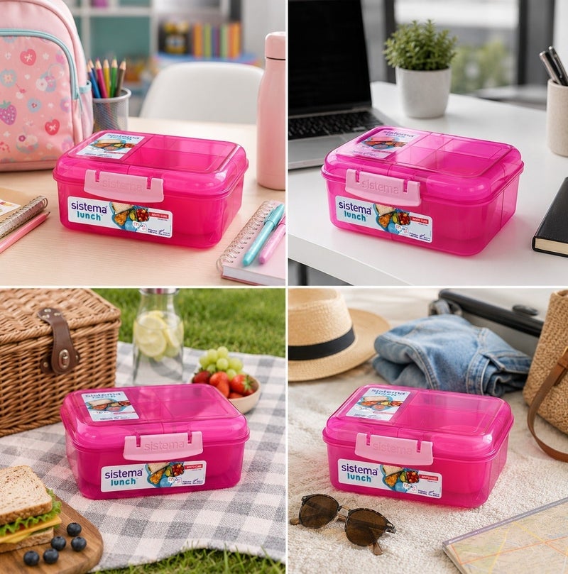 Sistema Bento Cube Lunch Box 1.25L Pink with Multi Compartments, Easy Lock Clip Lid, BPA Free Reusable Food Storage Container for Sandwiches, Snacks & Meal Prep, Made in New Zealand - Image 5