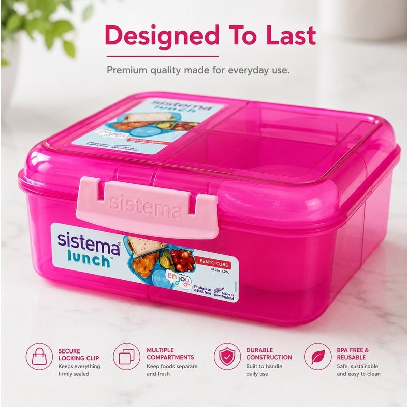 Sistema Bento Cube Lunch Box 1.25L Pink with Multi Compartments, Easy Lock Clip Lid, BPA Free Reusable Food Storage Container for Sandwiches, Snacks & Meal Prep, Made in New Zealand - Image 4
