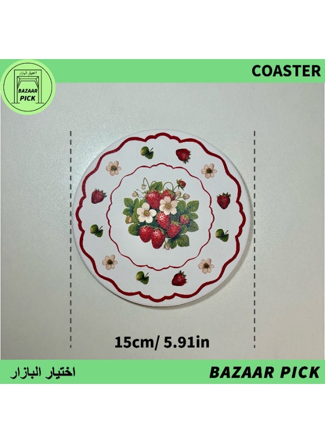 Strawberry Pattern Ceramic Drink Coasters (15cm/5.9inch)- Ultra-Absorbent Stone Coaster with Protective Cork Backing, Heat Resistant Vintage Pastoral Style Table Protection Mats - Image 1