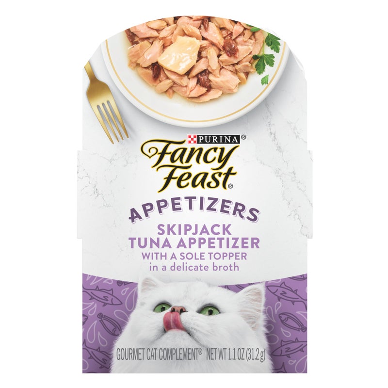 Fancy Feast Purina Fancy Feast Appetizers Lickable Grain Free Wet Cat Food Topper Skipjack Tuna Appetizer with Sole - (Pack of 10) 1.1 oz. Trays - Image 1