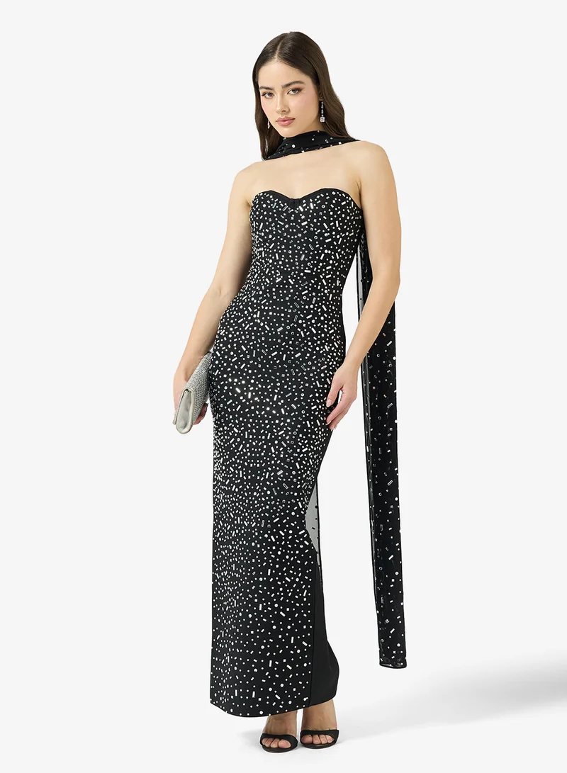 Ginger Boutique  Sweetheart Neckline Rhinestone Embellished Dress with Scarf Detail for Women | Best Price UAE