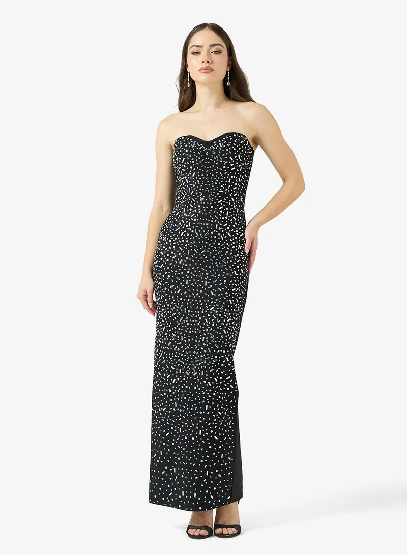 Ginger Boutique  Sweetheart Neckline Rhinestone Embellished Dress with Scarf Detail for Women | Best Price UAE
