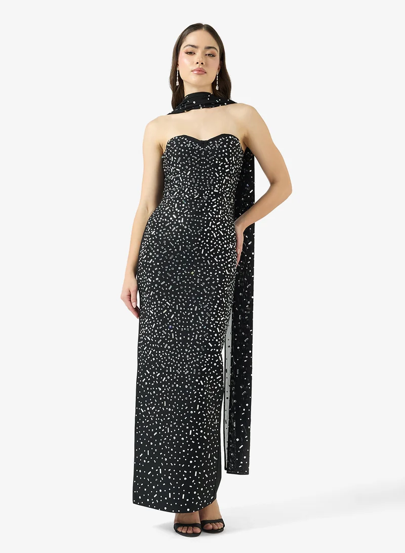 Sweetheart Neckline Rhinestone Embellished Dress with Scarf Detail