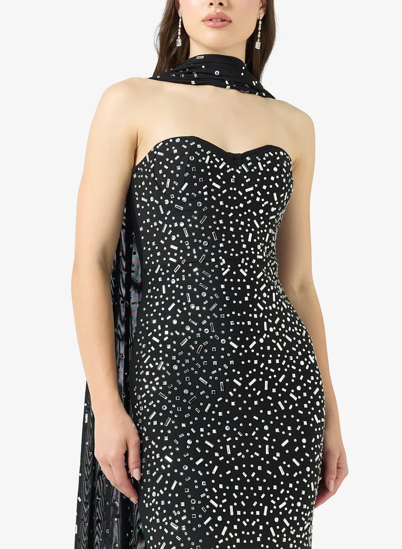 Ginger Boutique  Sweetheart Neckline Rhinestone Embellished Dress with Scarf Detail for Women | Best Price UAE