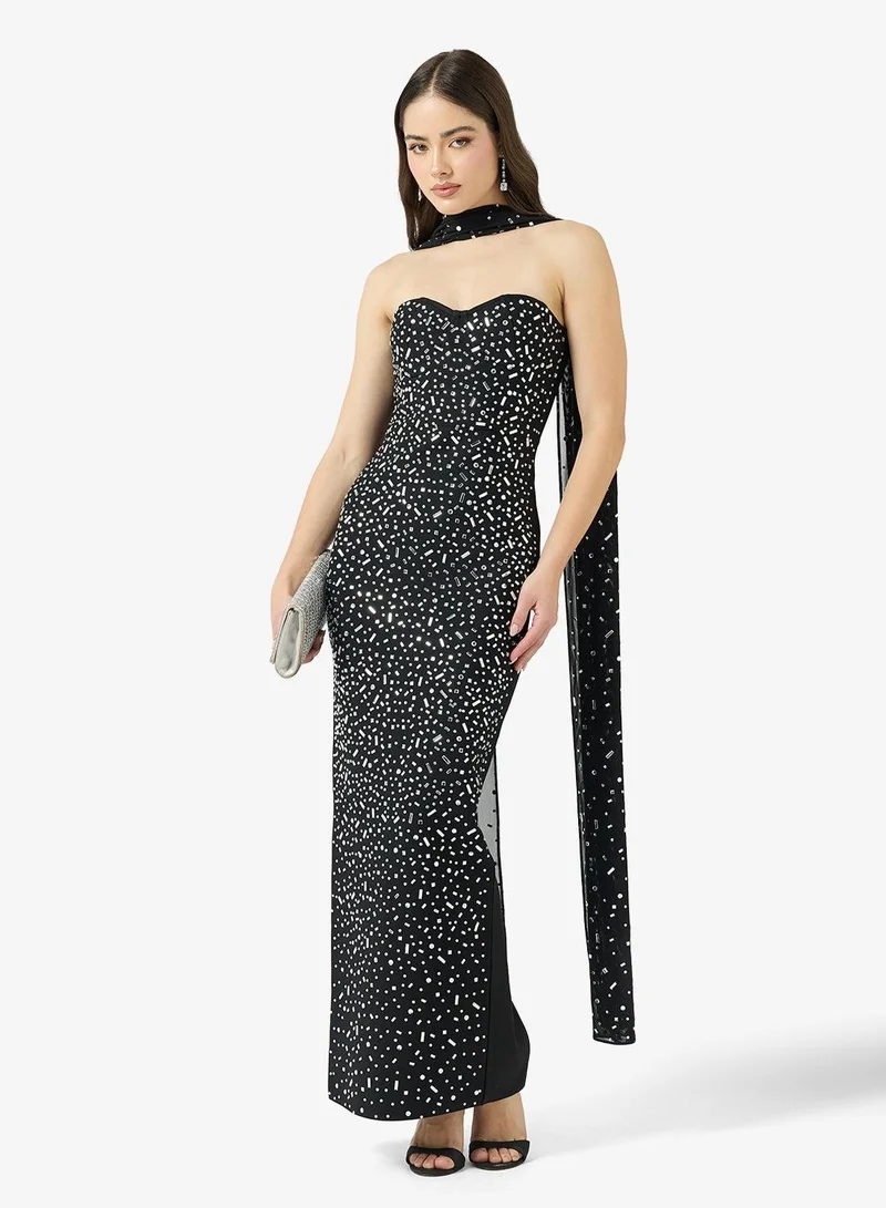Ginger Boutique  Sweetheart Neckline Rhinestone Embellished Dress with Scarf Detail for Women | Best Price UAE
