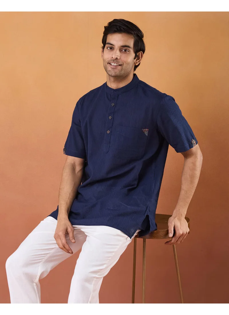 Fabindia Navy Cotton Dobby Short Kurta