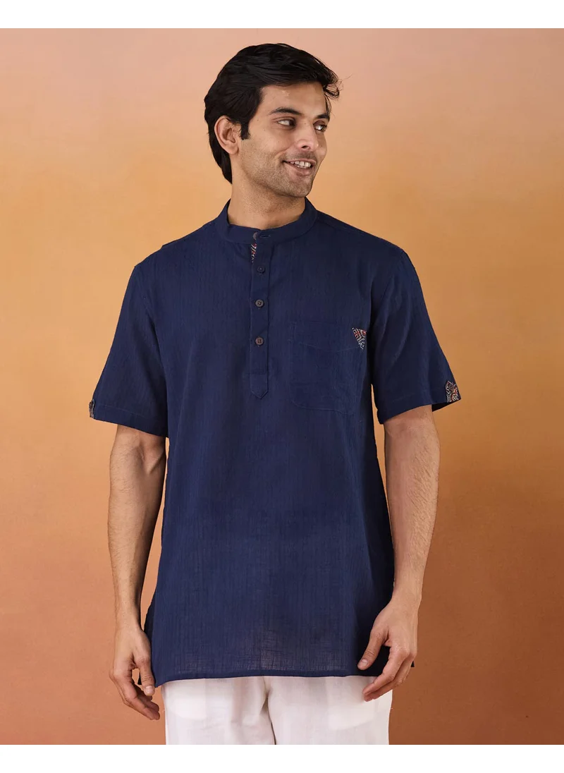 فاب انديا Navy Cotton Dobby Short Kurta