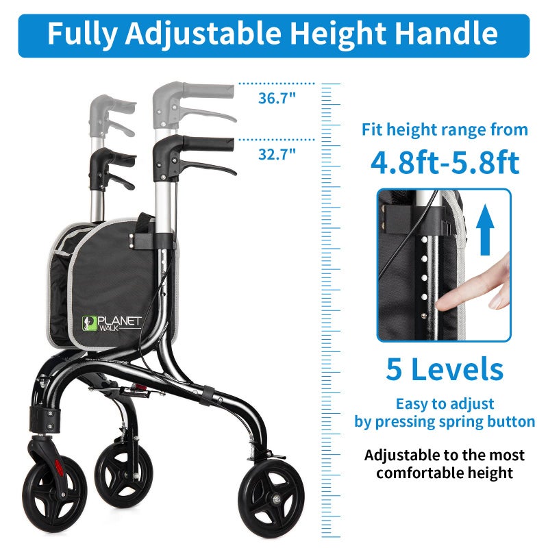 PLANET WALK Planetwalk Premium 3 Wheel Rollator Walker for Seniors - Ultra Lightweight Foldable Walker for Elderly, Aluminum Three Wheel Mobility Aid, Black - Image 3