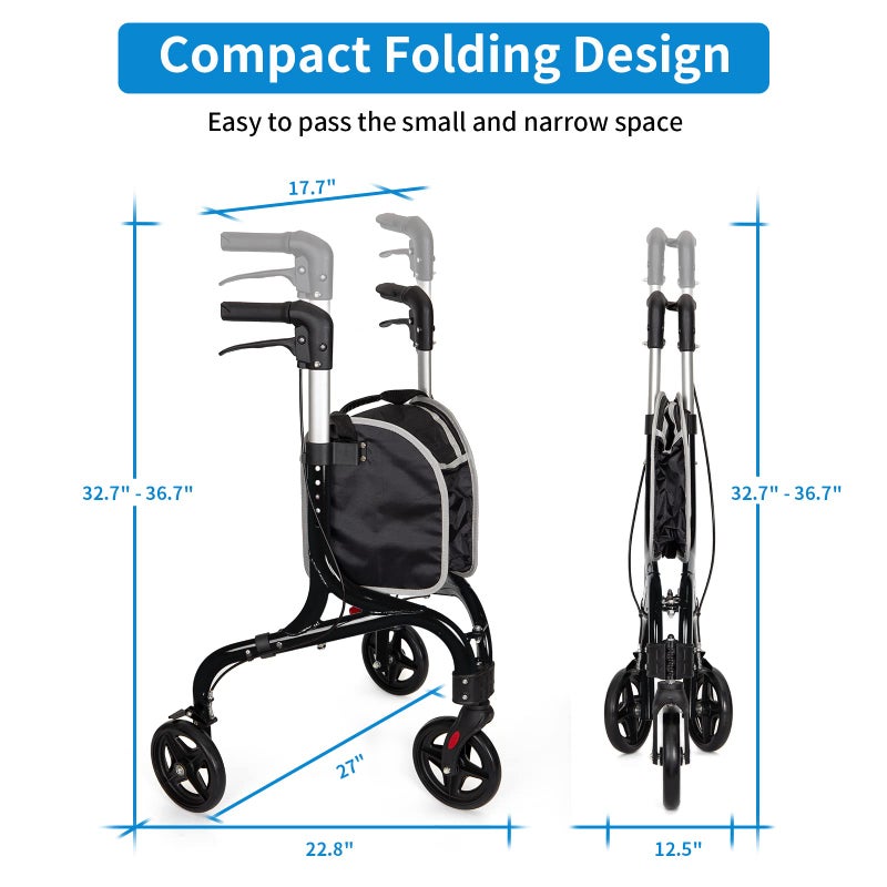 PLANET WALK Planetwalk Premium 3 Wheel Rollator Walker for Seniors - Ultra Lightweight Foldable Walker for Elderly, Aluminum Three Wheel Mobility Aid, Black - Image 2