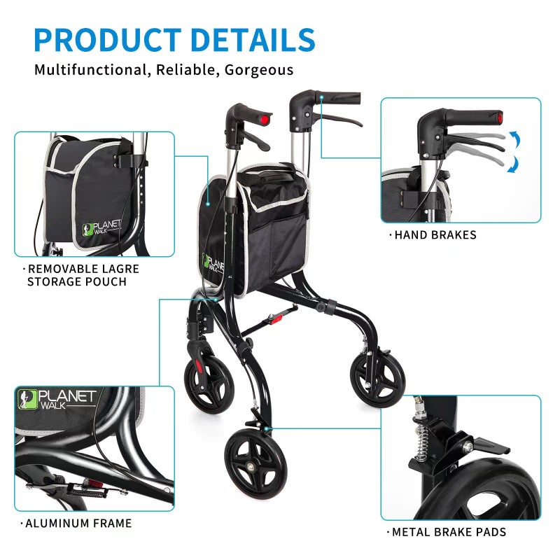 PLANET WALK Planetwalk Premium 3 Wheel Rollator Walker for Seniors - Ultra Lightweight Foldable Walker for Elderly, Aluminum Three Wheel Mobility Aid, Black - Image 4