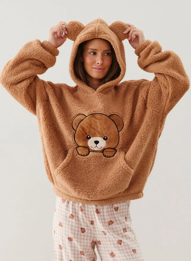 انديز قميص من النوع الثقيل شيربا مع تطريز دمية دب