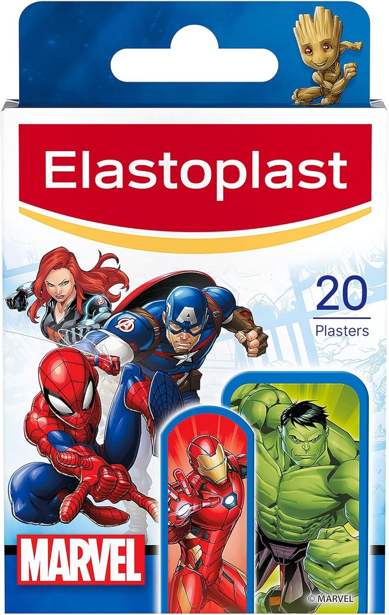 Elastoplast Marvel Plasters Assorted Sizes 20 Pieces Coloured First Aid Plasters for Children Kids Everyday Wound Care with Marvel Superhero Designs Easy Removal and SkinFriendly - Image 1