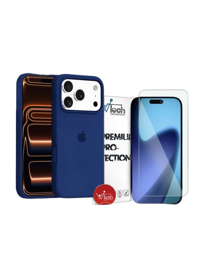 Wtech Apple iPhone 17 Pro Max 5G 2025 Luxury Premium Quality Liquid Silicone Case Cover (MCRPSN) - Navy Blue & Apple iPhone 17 Pro Max 5G 2025 WTech Premium Series Curved Edges 9H 2.5D Tempered Glass Screen Protector (MSG9CN) - Clear Bundle - Image 1