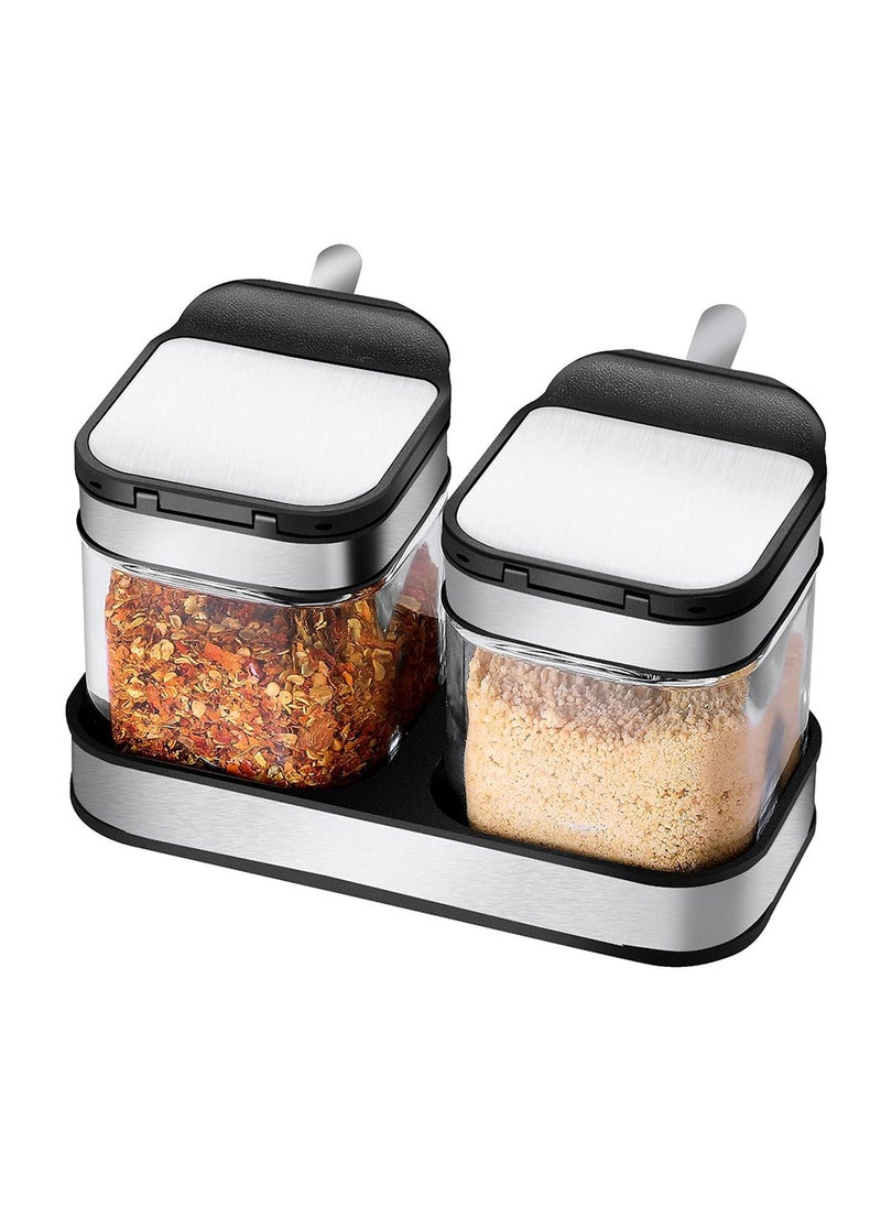 SvaTao SvaTao Condiment Jar Spice Container with 304 Stainless Steel Lids and SpoonsClear Glass Condiment Canisters Pots Seasoning Box Salt Container Sugar Bowl Set of 2 for Kitchen Counter Food Storage 