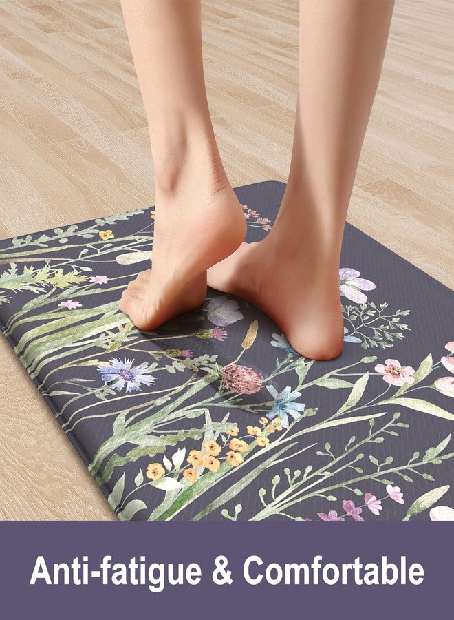 KIMODE Anti Fatigue Kitchen Mat, Farmhouse Floral Kitchen Rugs, Kitchen Floor Mats Non-Slip,Comfort Kitchen Mats for Floor Sink, Laundry, Office, Desk Dark Grey/Purple 17"x47"+17"x29" - Image 2
