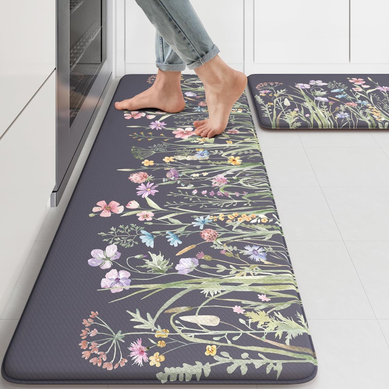 KIMODE Anti Fatigue Kitchen Mat, Farmhouse Floral Kitchen Rugs, Kitchen Floor Mats Non-Slip,Comfort Kitchen Mats for Floor Sink, Laundry, Office, Desk Dark Grey/Purple 17"x47"+17"x29" - Image 1