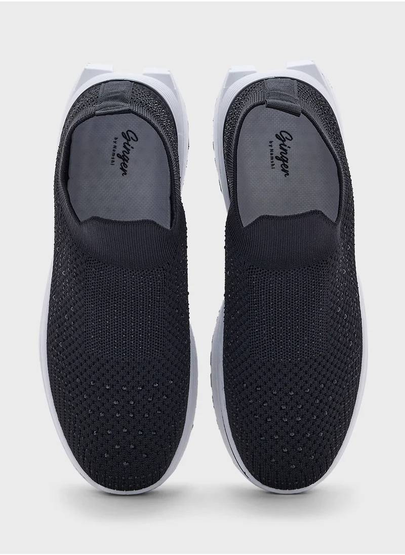 Ginger Diamante Fly Knit Slip On Comfort Shoes