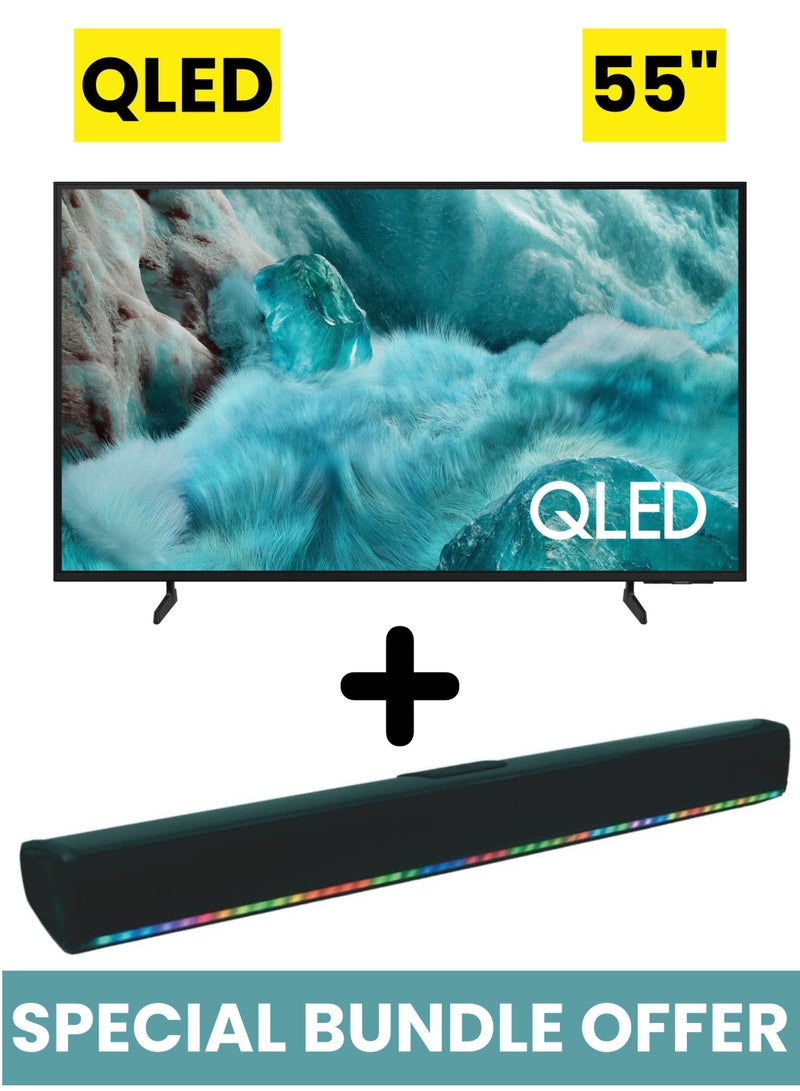 سامسونج تلفاز سامسونج الذكي QLED 4K بحجم 55 بوصة Q7F (طراز 2025) + مكبر صوت محمول بقناة 2.0 مع بطارية مدمجة وأضواء LED | تلفاز ذكي Tizen QLED مع معالج Q4 AI، حجم لون 100%، HDR10+، تحسين AI بدقة 4K، OTS Lite، Q-Symphony - Image 1