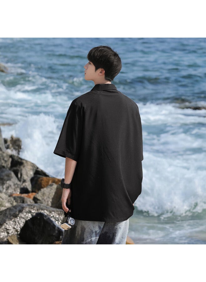 Wassup Sohot Men's Short Sleeve T-shirt Summer Style Ice Silk Polo Shirt Loose Casual Top Men Black XL - Image 4