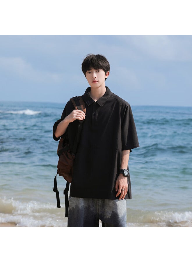 Wassup Sohot Men's Short Sleeve T-shirt Summer Style Ice Silk Polo Shirt Loose Casual Top Men Black XL - Image 3